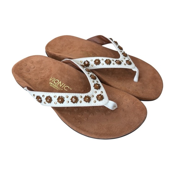 Vionic Orthaheel Floriana Thong Sandals Size 9 WIDE White Leather Embellished - Picture 10 of 16